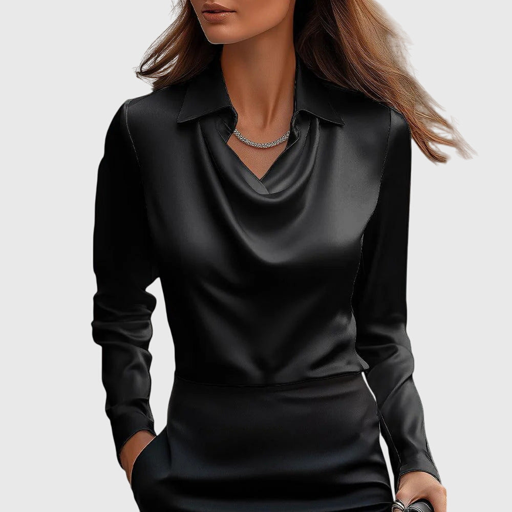 Women's Blouse with Pleated Neckline and Chest Pocket - Black