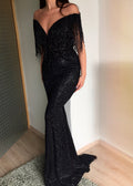 Women's Long Dress for Autumn with Black Sequin Decoration, V-Neck Sleeveless Design and Asymmetric Hem - Black