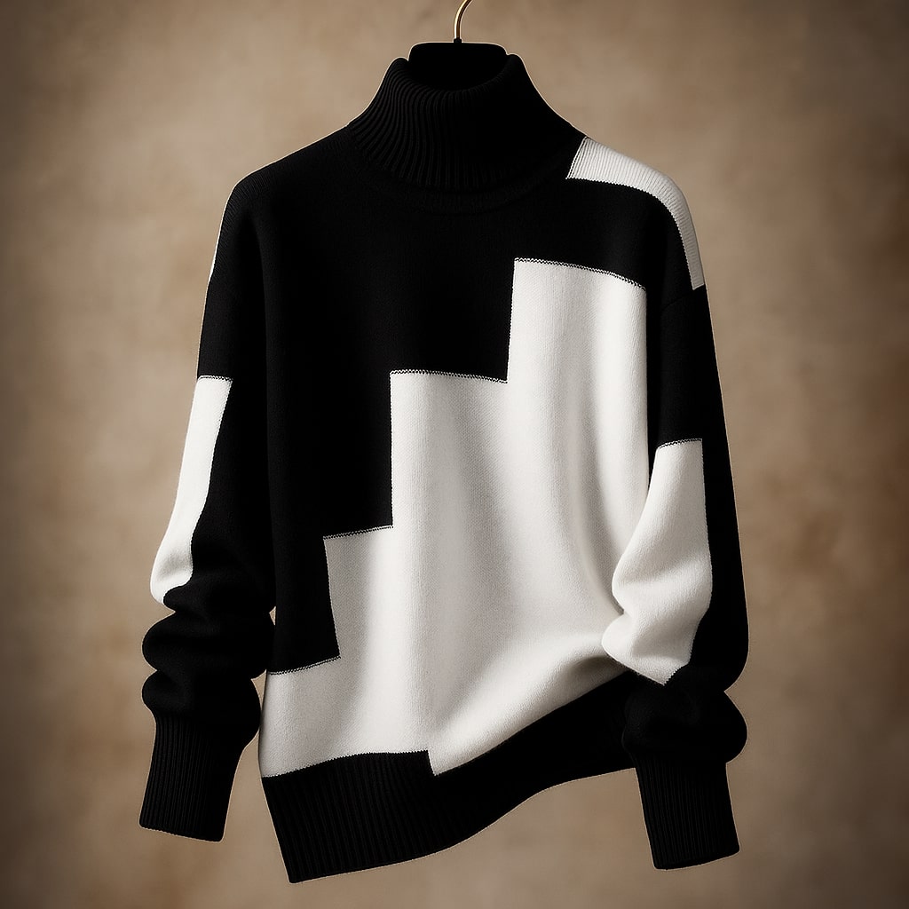 Women's Turtleneck Top with Ribbed Collar and Geometric Motif - White