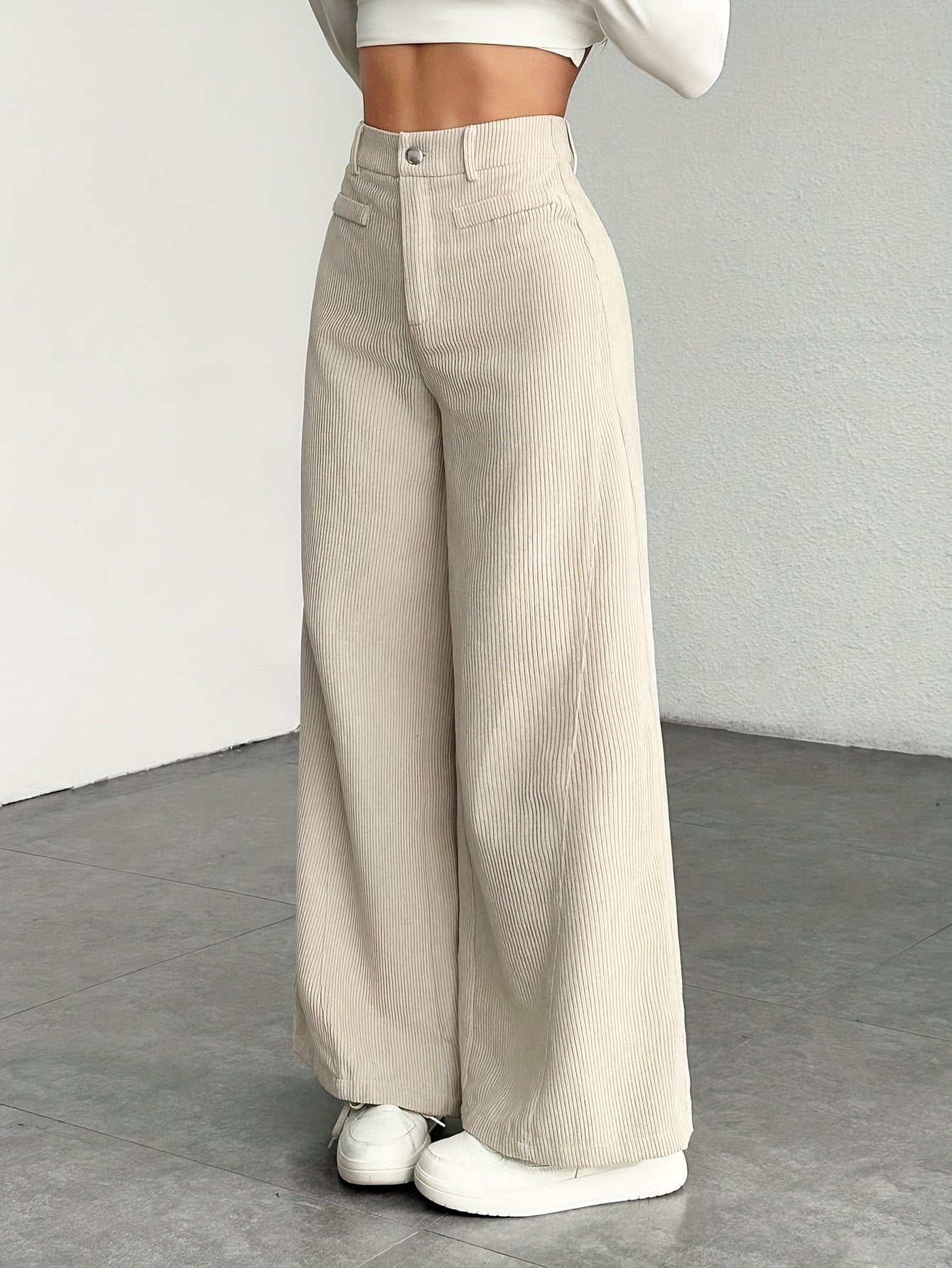 Damen High Waist Cordhose mit weitem Bein, lässig, waschbar