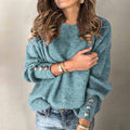 Women's Long-Sleeve Sweater with Button Details on the Sleeves - Light Blue