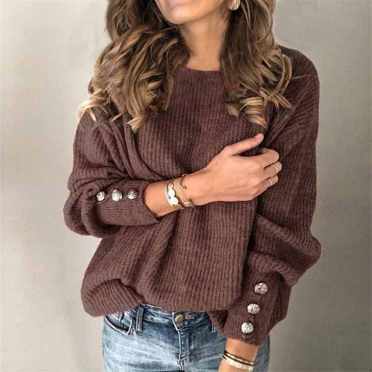 Women's Long-Sleeve Sweater with Button Details on the Sleeves - Brown