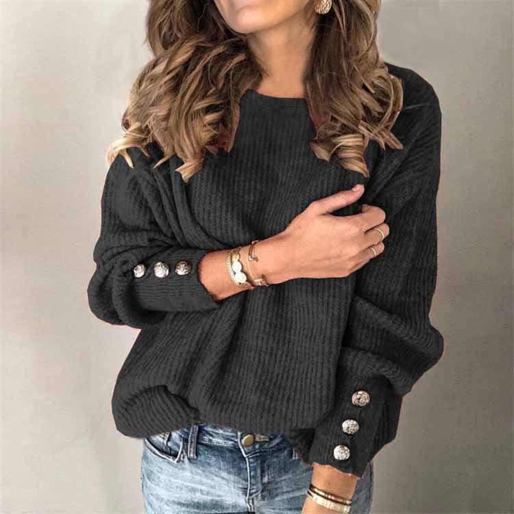 Women's Long-Sleeve Sweater with Button Details on the Sleeves - Black