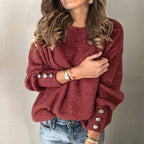Women's Long-Sleeve Sweater with Button Details on the Sleeves - Red