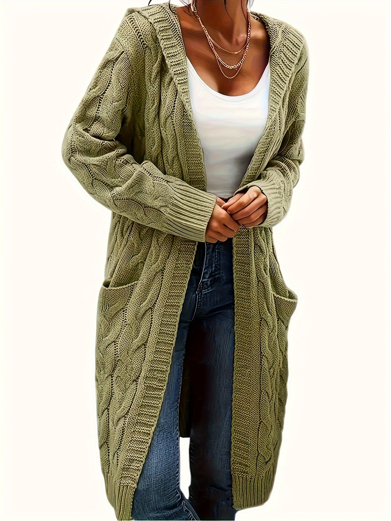 Plus Size, Women's Mid Length Hooded Cardigan with Button-Detail Pockets
