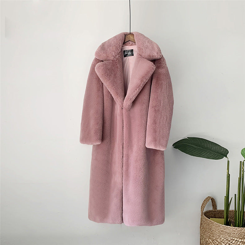 Long Faux Fur Coat in Premium Material – Knee-Length, Straight Silhouette, Ultra-Soft and Winter-Warm - Pink