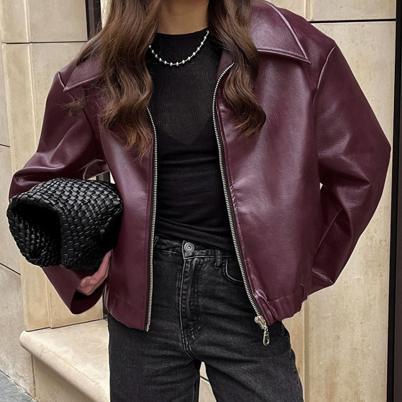 Chaqueta motera vintage de piel roja para mujer