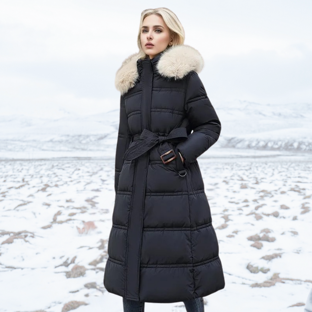 Fatiha - Elegant Long Women's Winter Fur-Trim Coat for the Winter Months - Black with Beige Collar