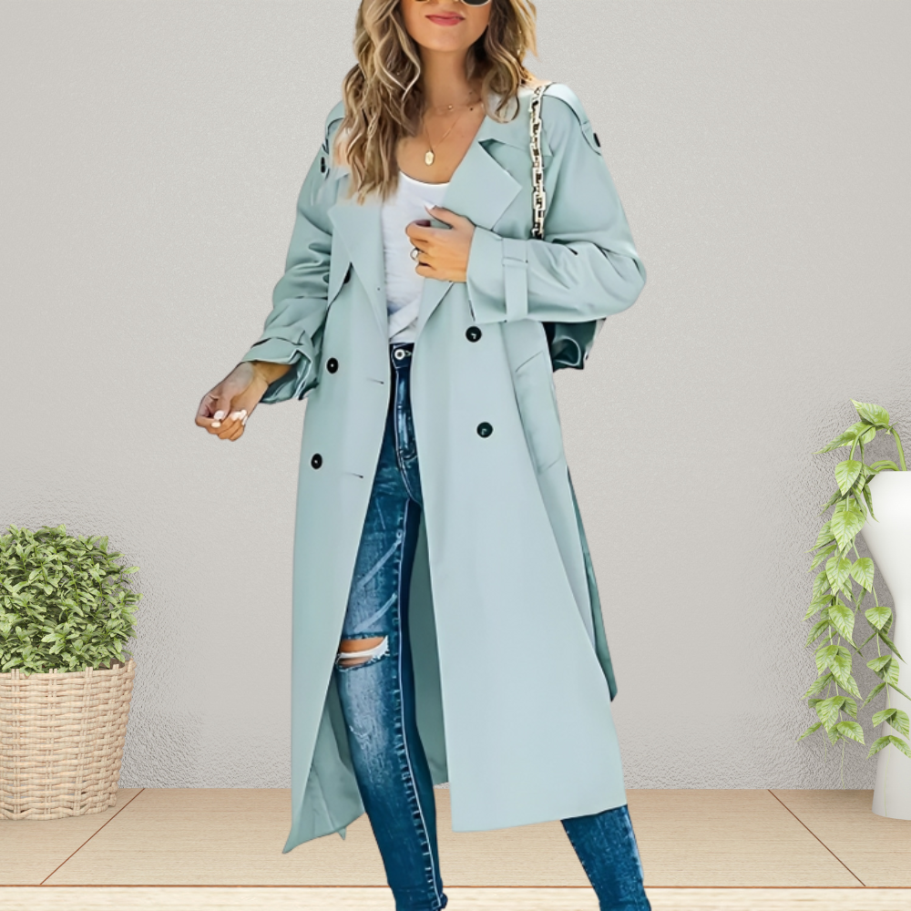 Women's Spring Trench Coat, Double-Breasted, Mid-Length - Light Blue