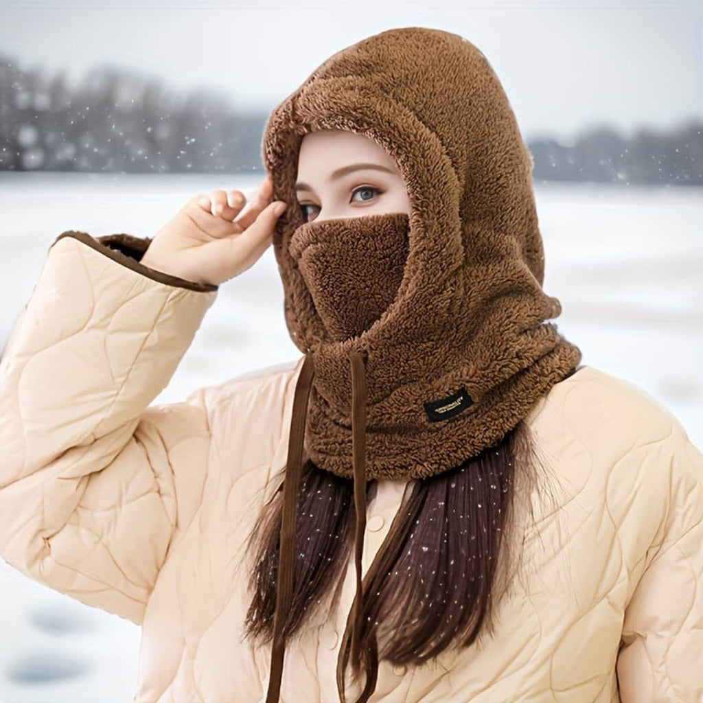 Winter Fleece-Lined Hooded Scarf for Women, Windproof and Ear Protection