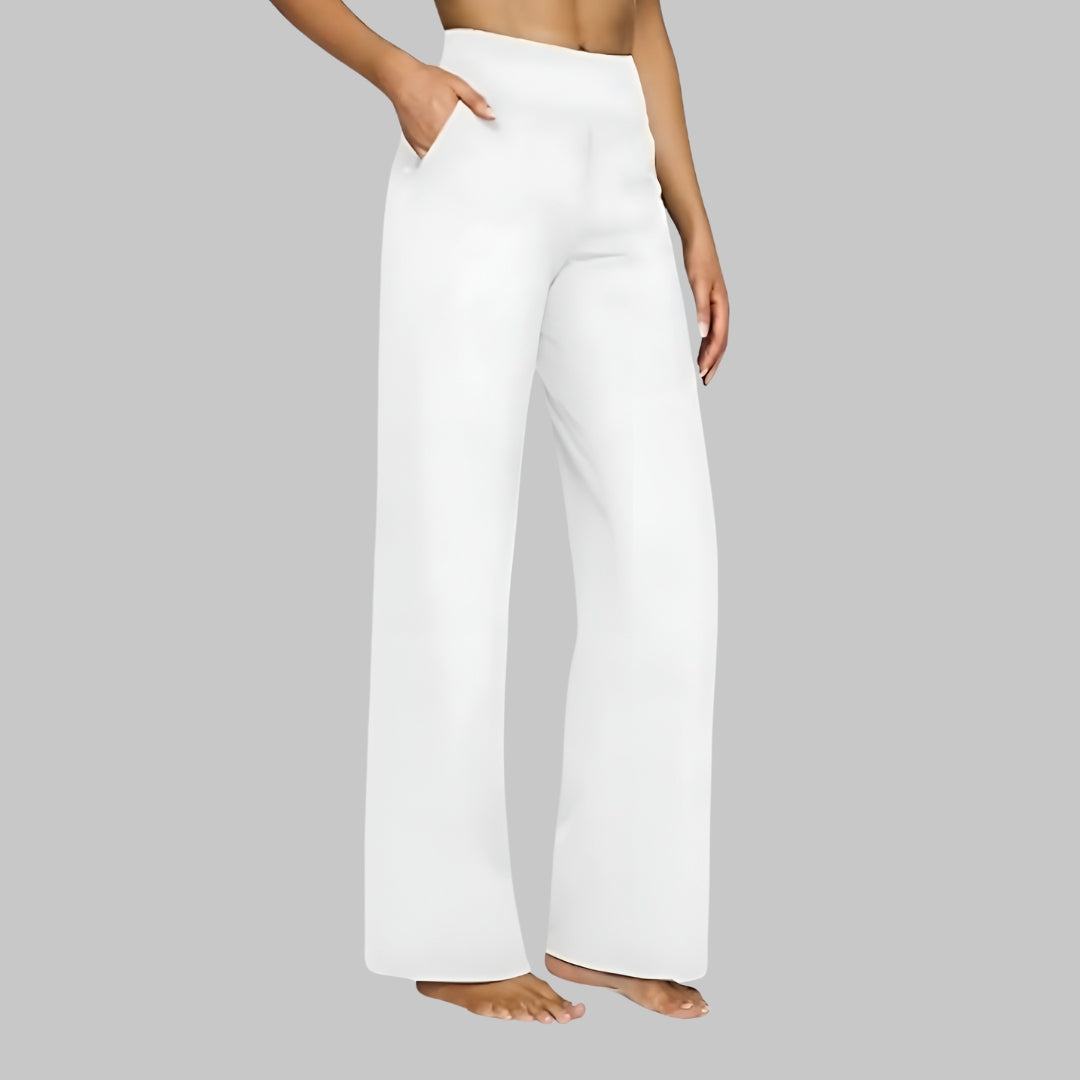 Women's Stretch Pants with High Waist and Side Pockets - White