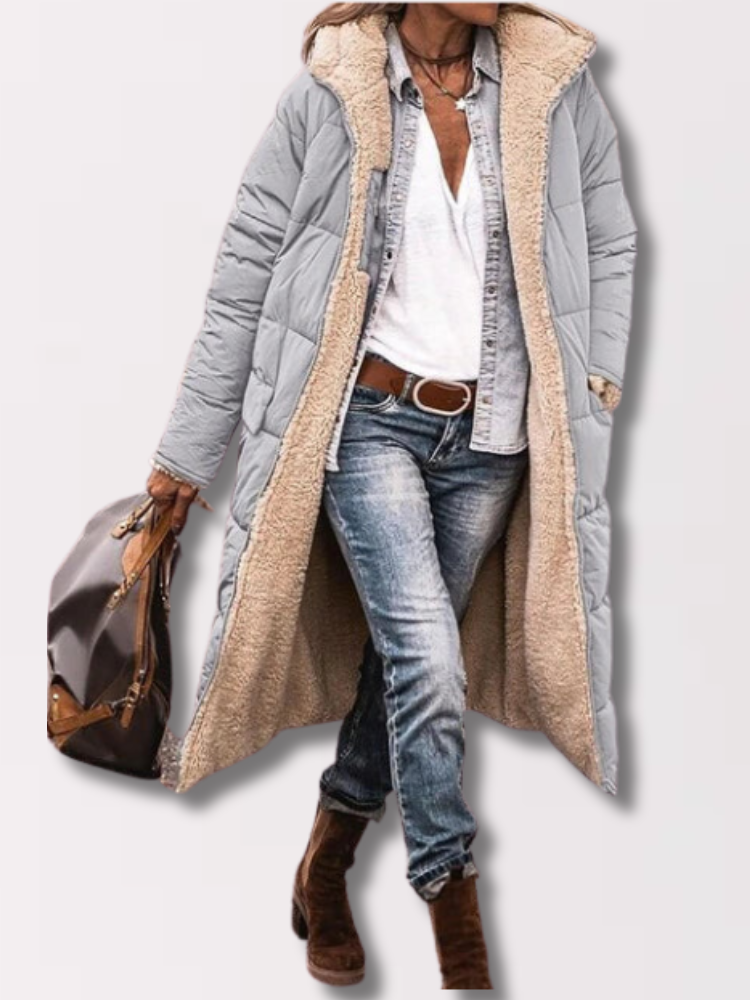 Long Sherpa-Lined Winter Puffer Jacket with Detachable Hood | Perfect for Cold Months - Gray