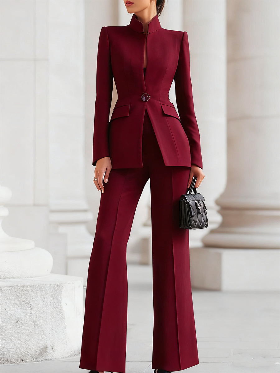 Women's Two-Piece Set, Tailored Blazer and Straight Pants - Wine Red