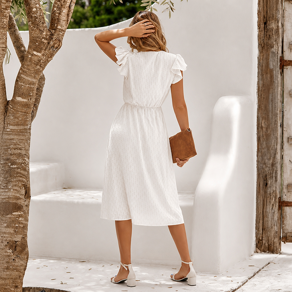 Elegantes Damen Midi-Kleid mit Rüschenärmeln, V-Ausschnitt | Legerer Chic