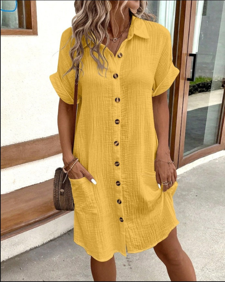 Long-Sleeve Shirt Dress for Women with Button Placket | Perfect for Spring and Summer - Yellow