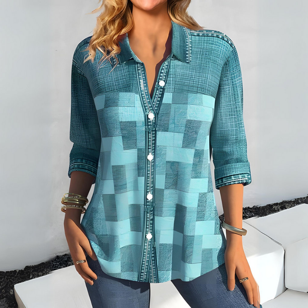 Paige - Casual Plaid Autumn Blouse - Light Blue