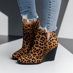 Women's Ankle Boots, Wedge Heel, Side Zipper - Leopard