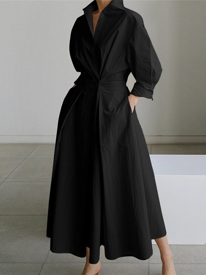 Women's Elegant Collared Belted Shirt Dress