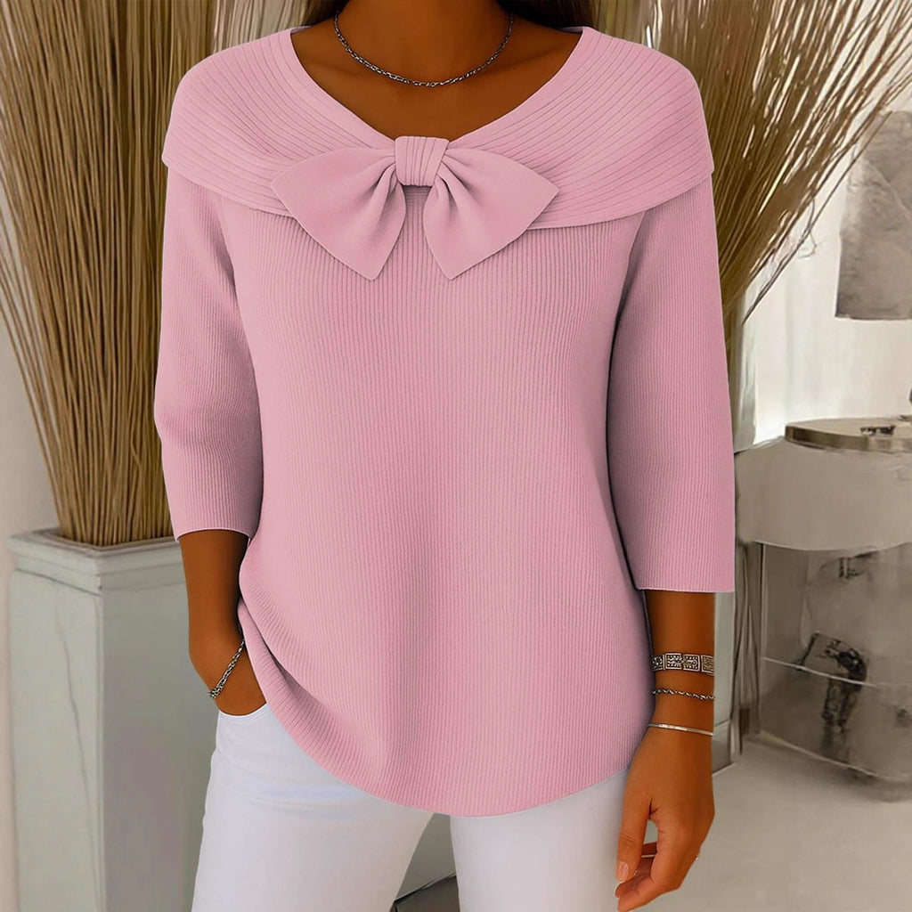 Women's Ribbed Knit Polo Top with Bow