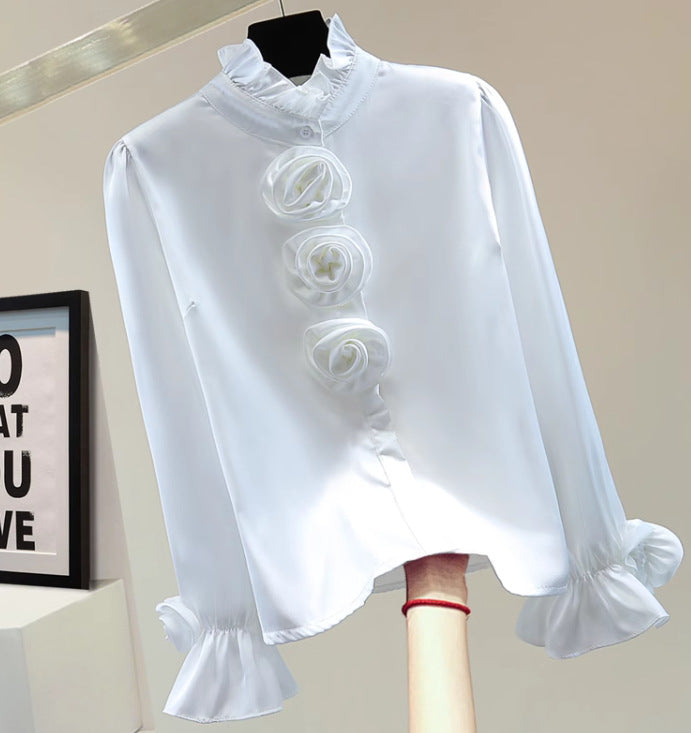 Lightweight Autumn Long-Sleeve Shirt with Floral Print - White