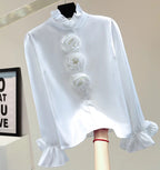 Lightweight Autumn Long-Sleeve Shirt with Floral Print - White