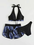 Women's Bikini Set with Matching Shorts and Quick-Dry Fabric for Summer - Purple