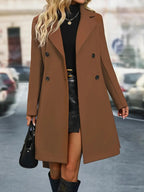 Women's Long Winter Trench Coat with Reversible Design - Caramel