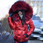 Faux Fur-Lined Winter Hooded Jacket with Zipper and Weather Protection - Red