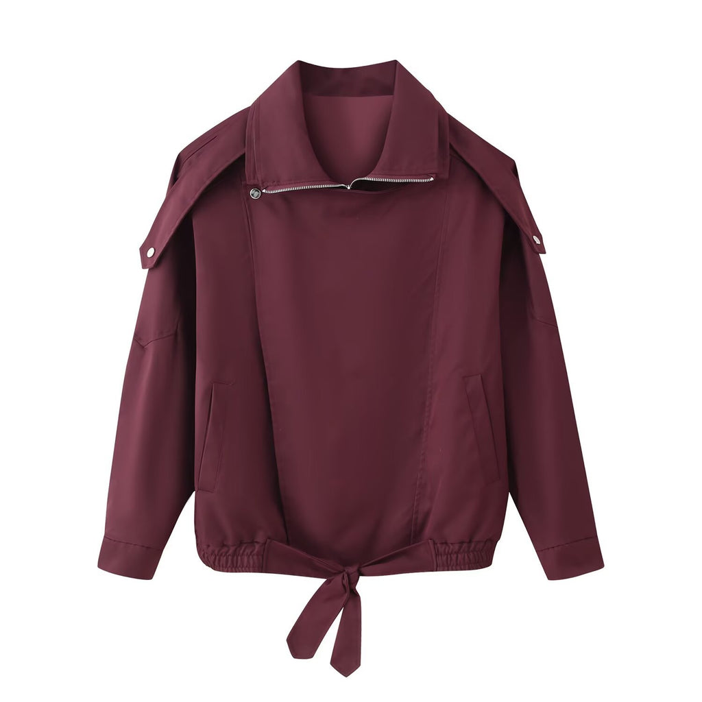 Chaqueta bomber color burdeos para mujer con cuello alto