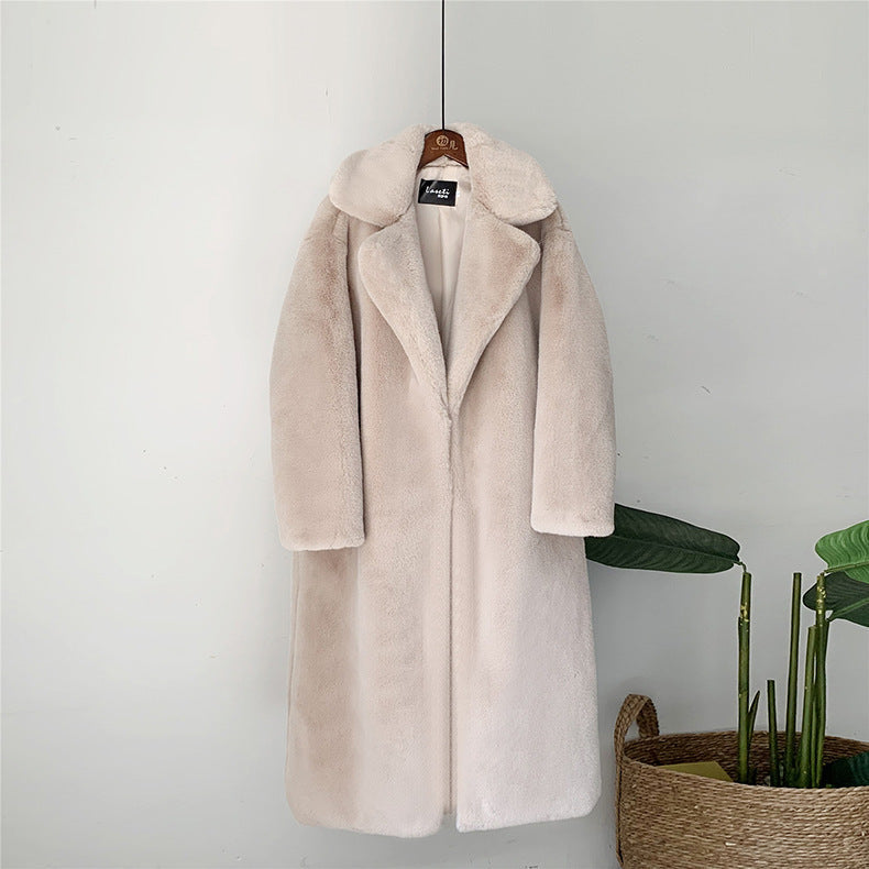 Long Faux Fur Coat in Premium Material – Knee-Length, Straight Silhouette, Ultra-Soft and Winter-Warm - Apricot