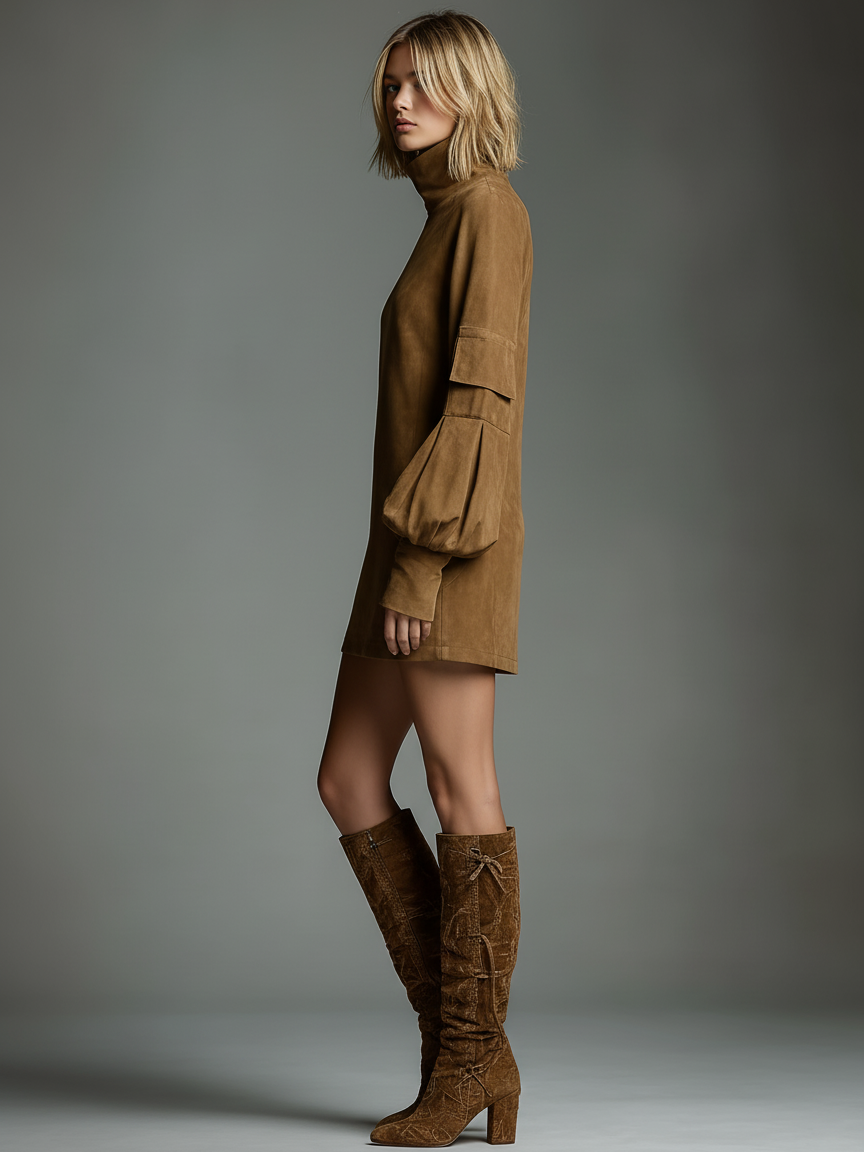 Women's Vintage Suede Turtleneck Mini Dress