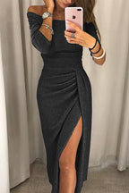 Off-Shoulder Midi Dress with Slit for Women | Perfect for Autumn - Black