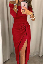 Off-Shoulder Midi Dress with Slit for Women | Perfect for Autumn - Red