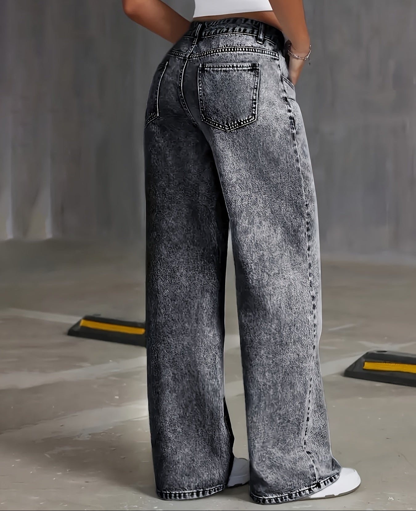 Women'S Stretch Loose Wide Leg Straight Gray Jeans |  Denim Trousers with Pockets