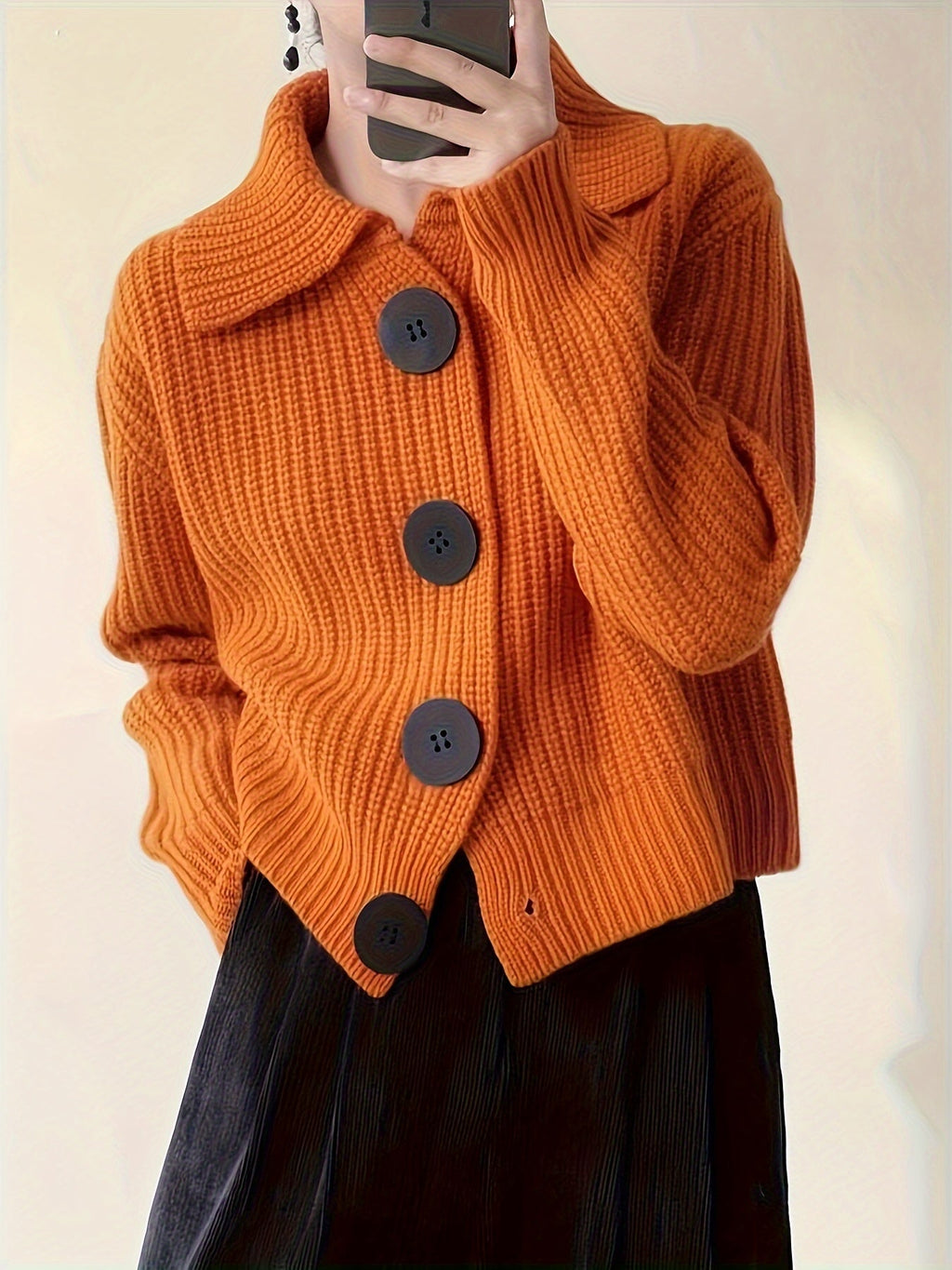 Women's Autumn Cardigan with Large Lapels and Relaxed Cut - Orange