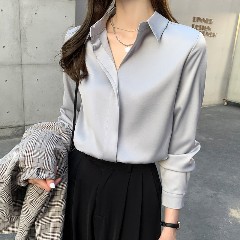 Blusa de oficina de manga larga con cuello en V para mujer