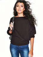 Women's Autumn Knit Sweater with Batwing Sleeves and Relaxed Fit - Black