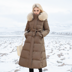 Fatiha - Elegant Long Women's Winter Fur-Trim Coat for the Winter Months - Brown with Beige Collar