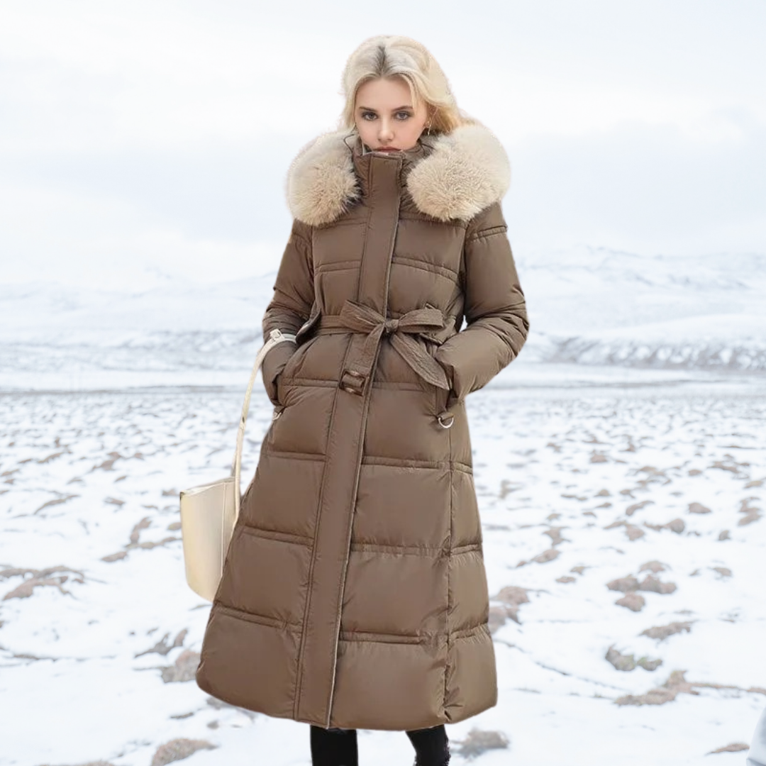 Fatiha - Elegant Long Women's Winter Fur-Trim Coat for the Winter Months - Brown with Beige Collar
