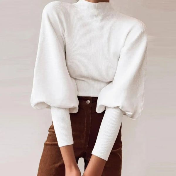 Long-Sleeve Sweater with Puff Shoulder and Timeless Silhouette | Perfect for Cool Autumn Days - White