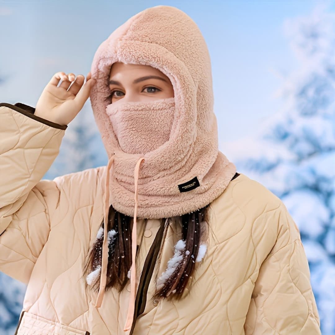 Winter Fleece-Lined Hooded Scarf for Women, Windproof and Ear Protection