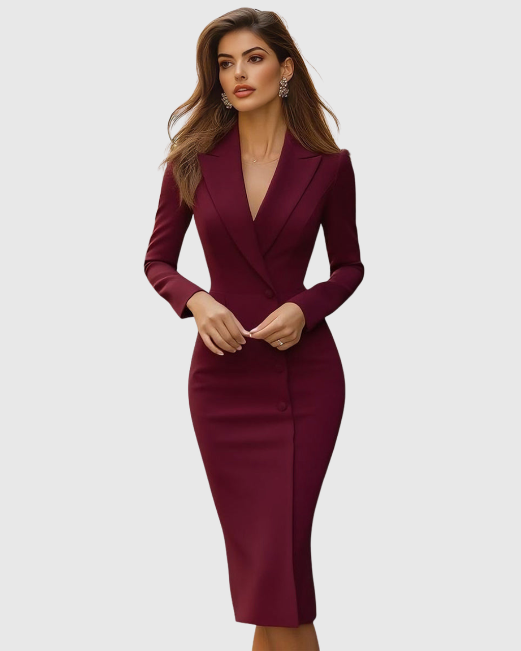 Women's Elegant Long Sleeve Tailored Midi Dress