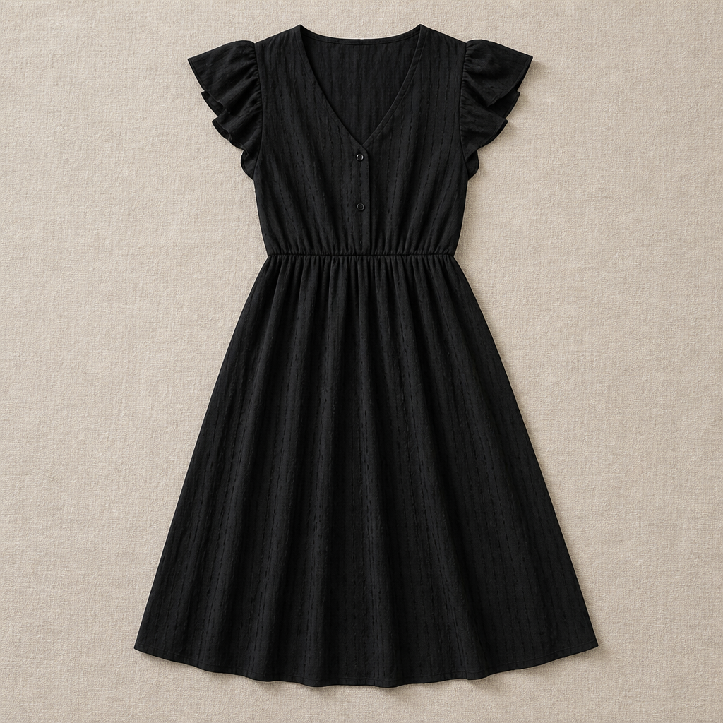 Elegantes Damen Midi-Kleid mit Rüschenärmeln, V-Ausschnitt | Legerer Chic