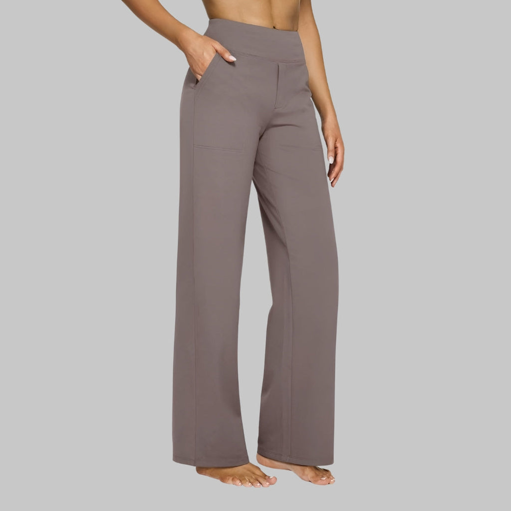 Women's Stretch Pants with High Waist and Side Pockets - Taupe