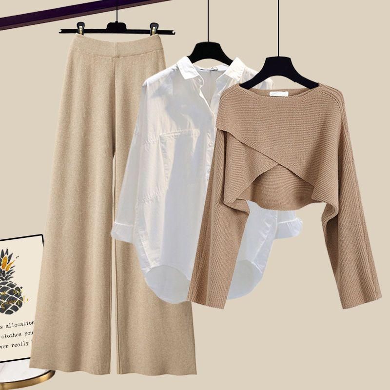 Conjunto de 3 piezas para mujer | Pantalones de pierna ancha con camisa y top