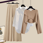 Conjunto de 3 piezas para mujer | Pantalones de pierna ancha con camisa y top