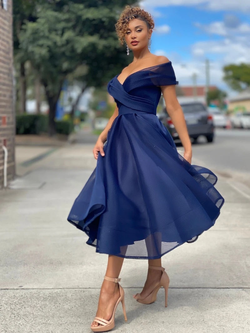 Women's Off-Shoulder Backless Party Dress with Raglan Sleeves - Blue