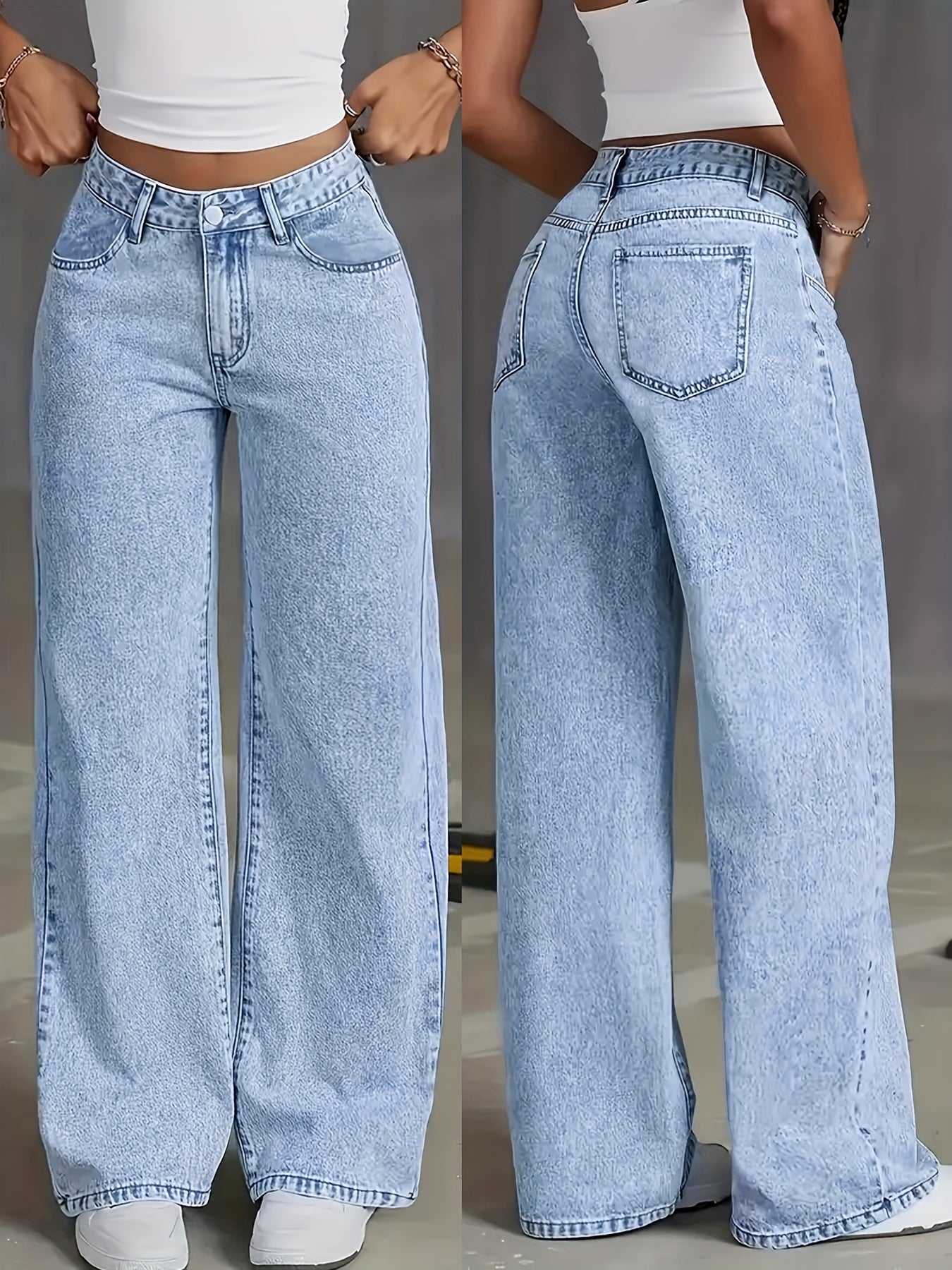 Women's New Stretch Loose Wide Leg Straight Jeans. Acid Wash Light Blue Casual Pants