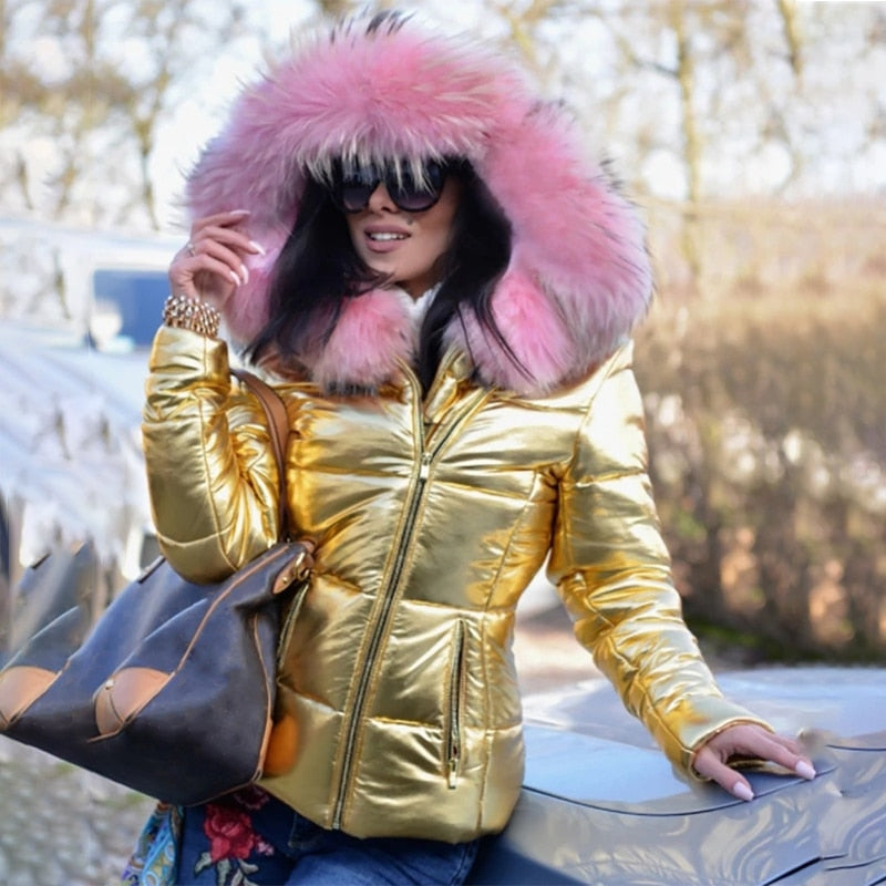 Faux Fur-Lined Winter Hooded Jacket with Zipper and Weather Protection - Seagull Gray