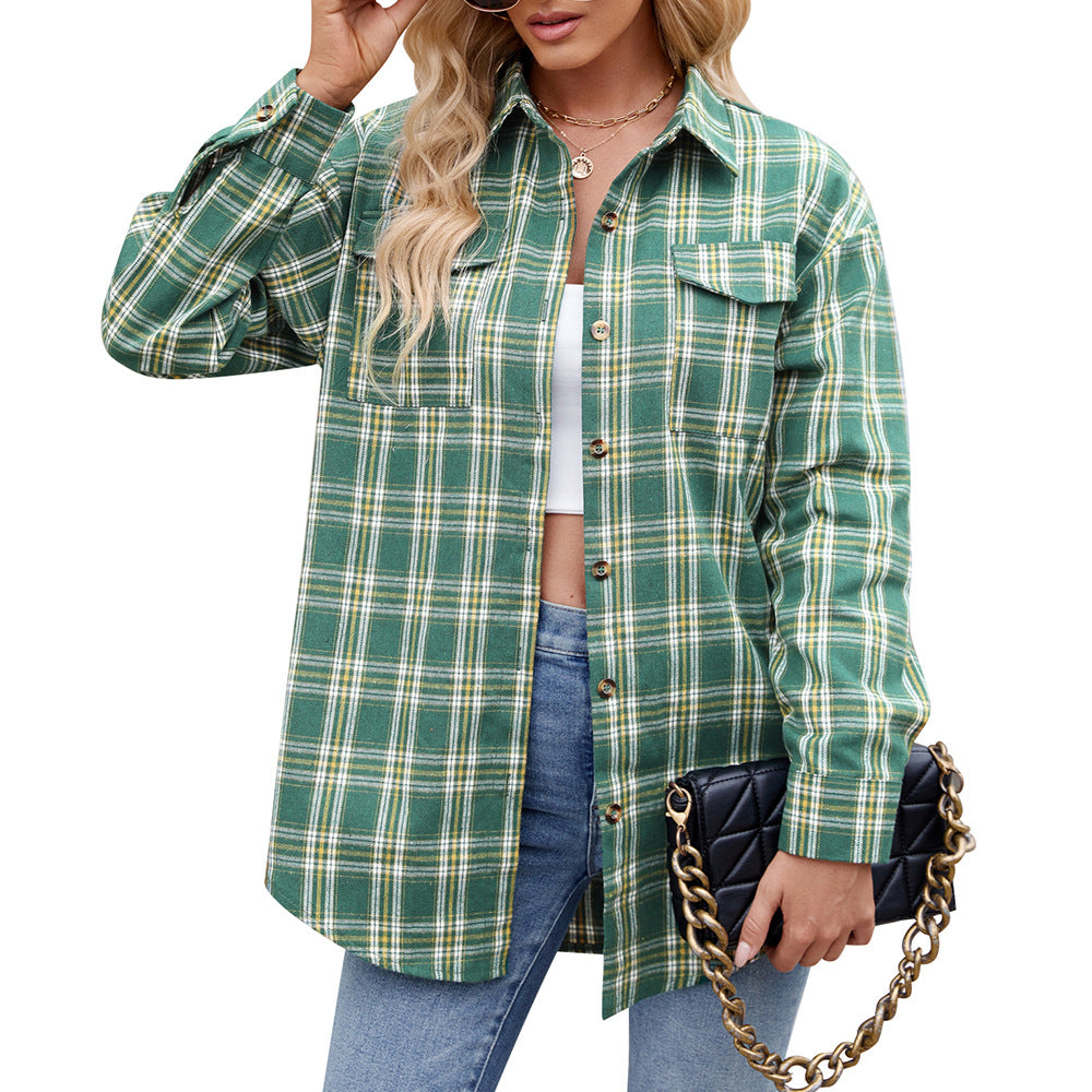 Relaxed-Fit Plaid Shirt with Pockets for Autumn - Light Green